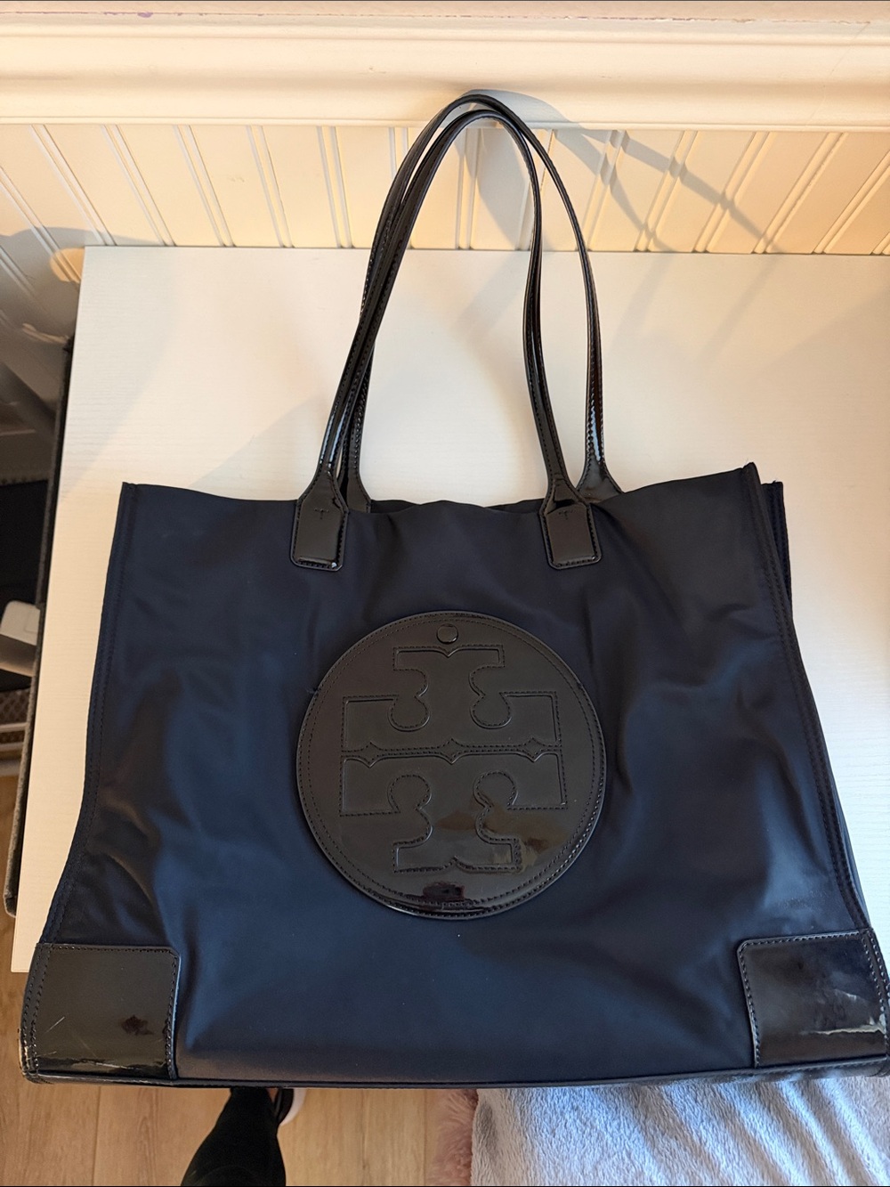 Tory Burch Black Nylon Tote with Patent Logo